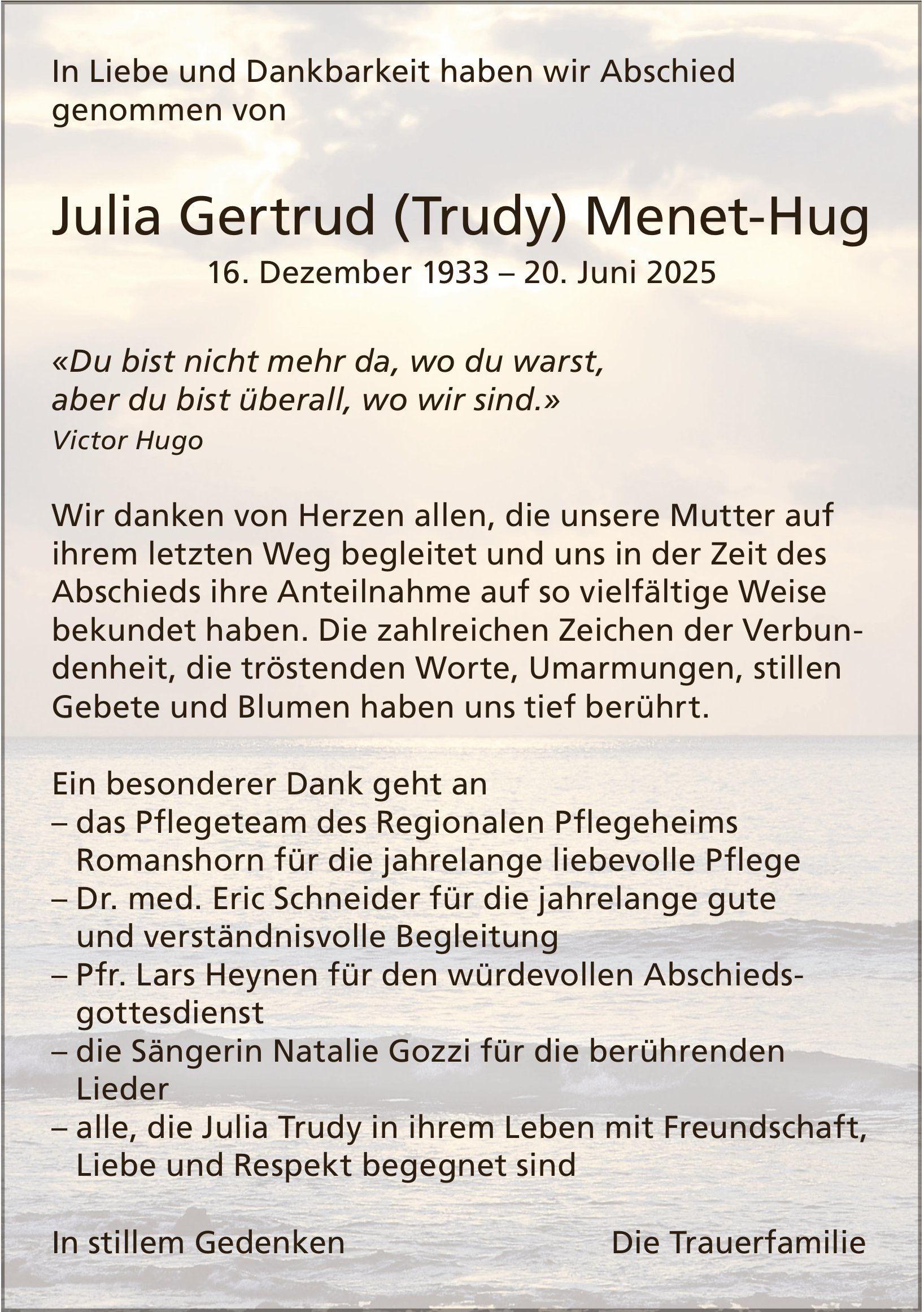 Gertrud Julia (Trudy) Menet-Hug, im August 2025 / DS