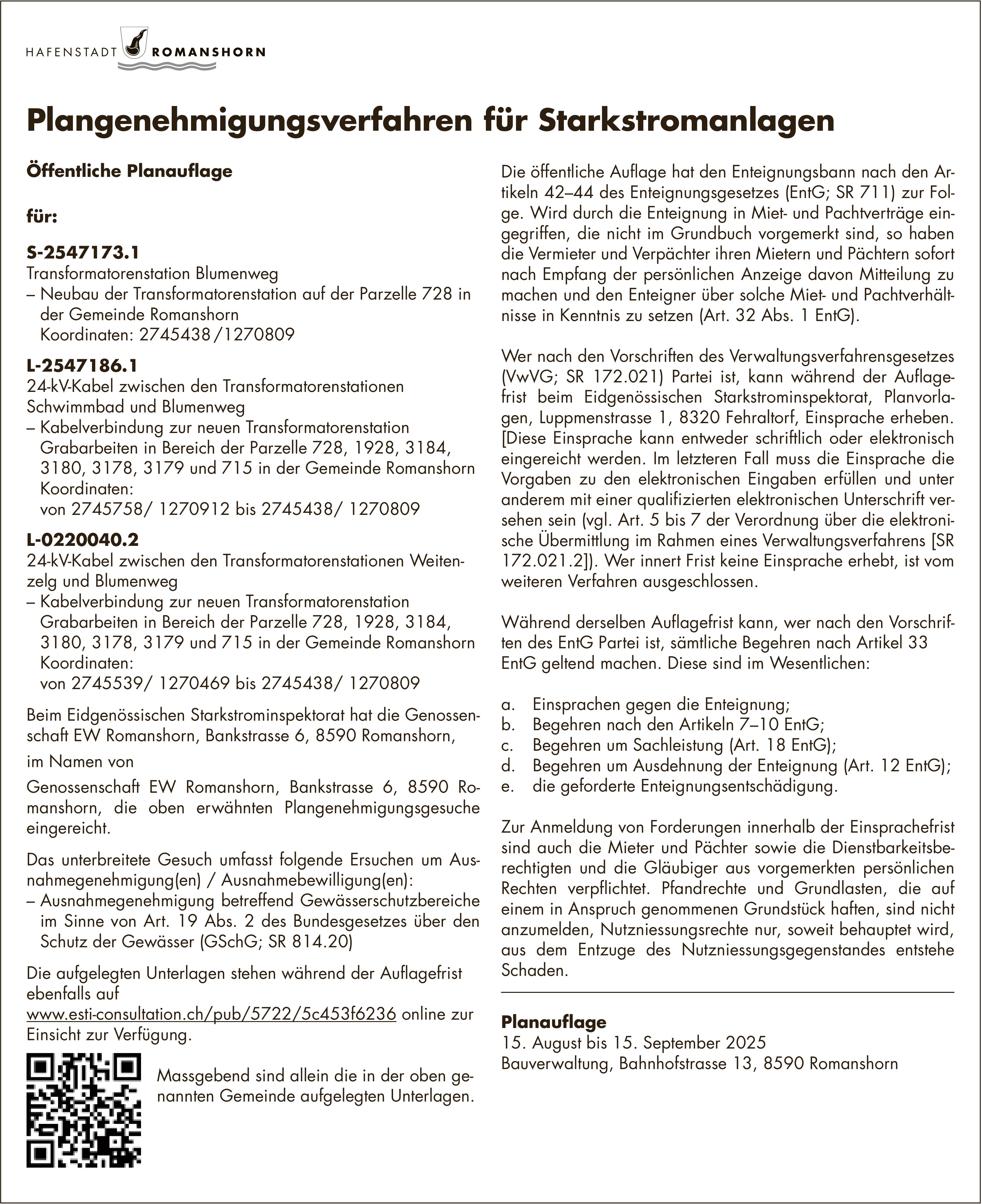 Sonstiges, Hafenstadt Romanshorn, Plangenehmigungsverfahren für Starkstromanlagen