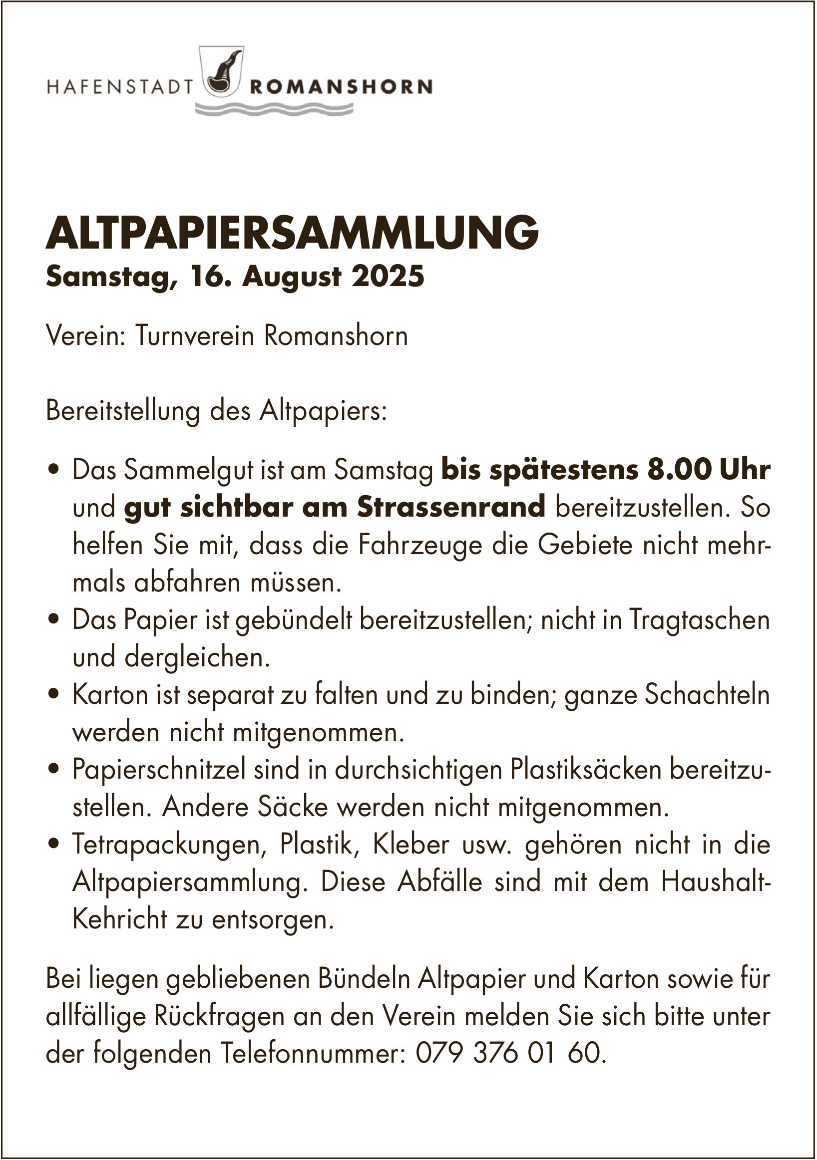 Sonstiges, Hafenstadt Romanshorn, ALTPAPIERSAMMLUNG