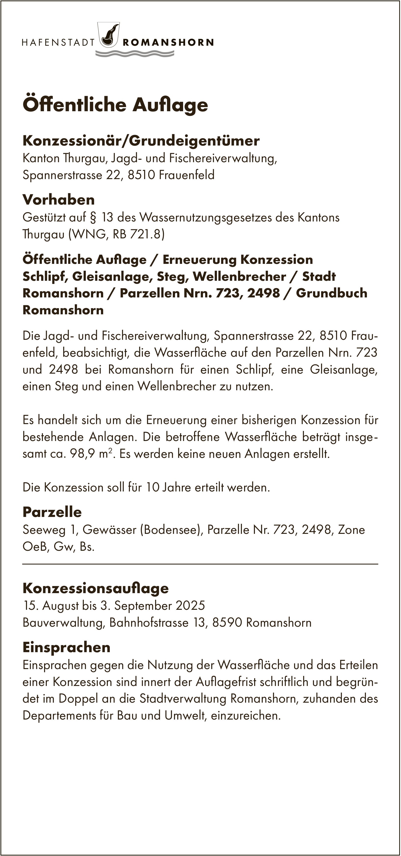 Sonstiges, Hafenstadt Romanshorn, Öffentliche Auflage