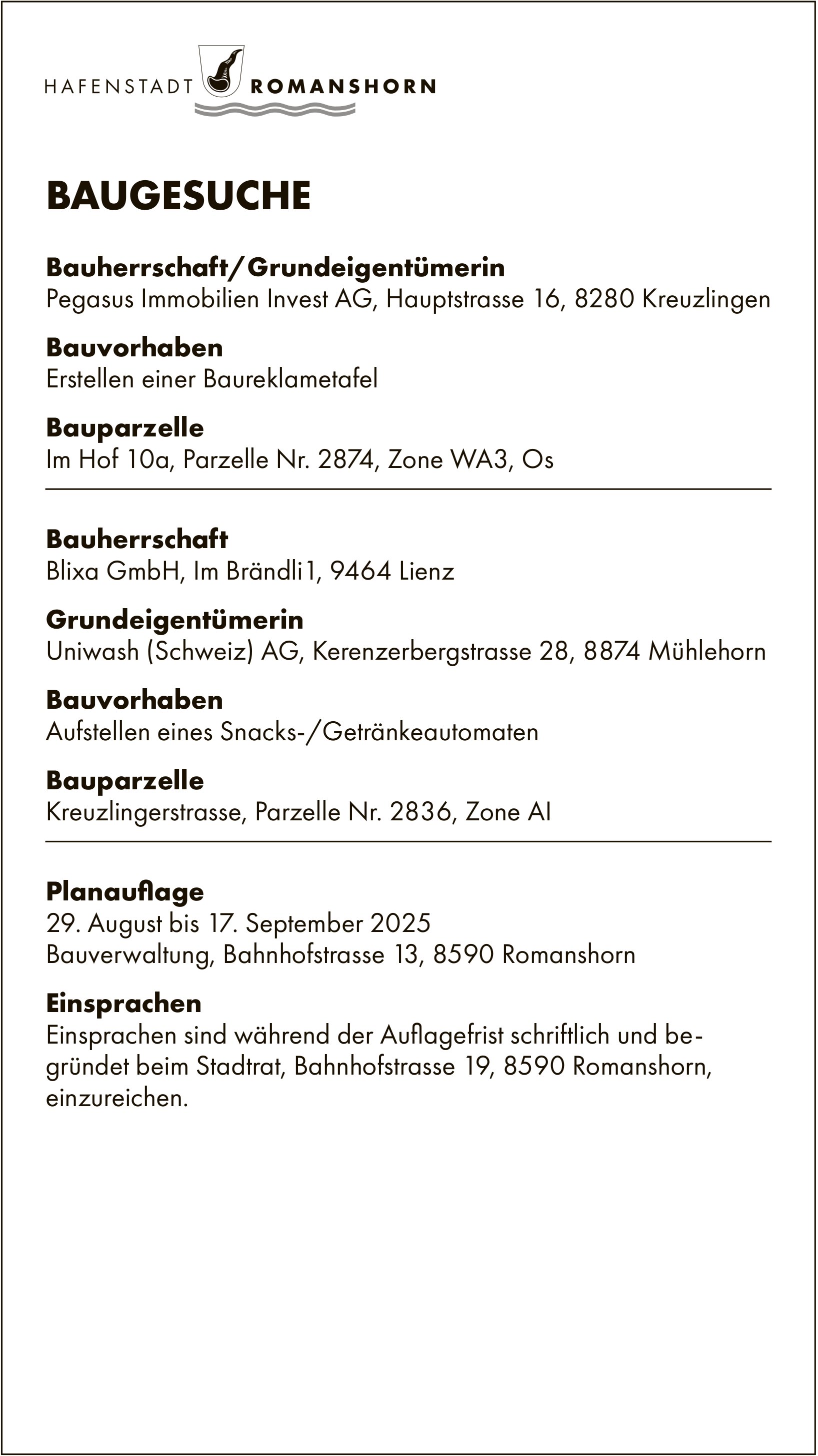 BAUGESUCHE vom 29. August bis 17. September 2025, Hafenstadt Romanshorn