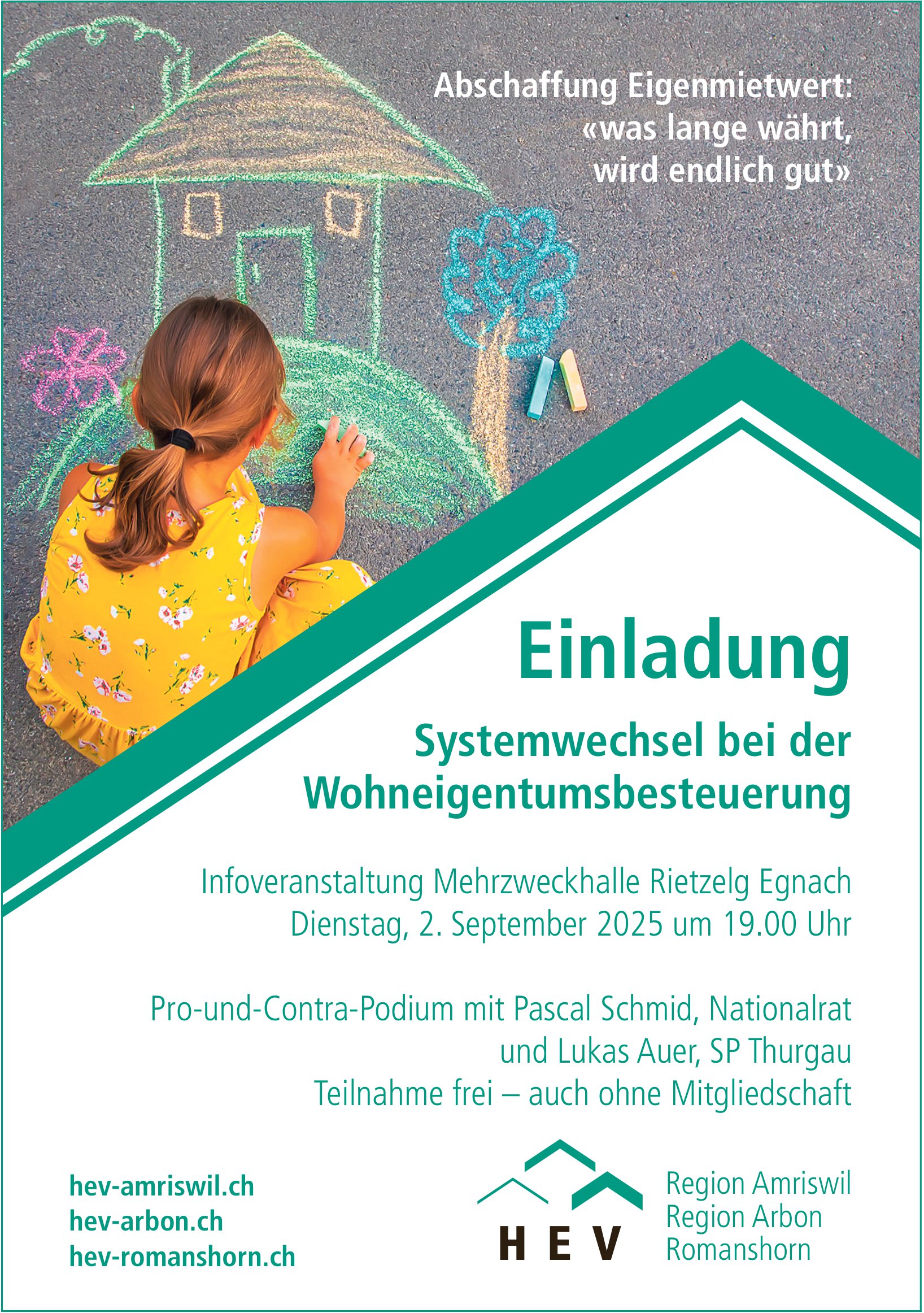 Infoveranstaltung Systemwechsel bei der Wohneigentumsbesteuerung, 2. September, Viehrzweckhalle Rietzelg, Egnach